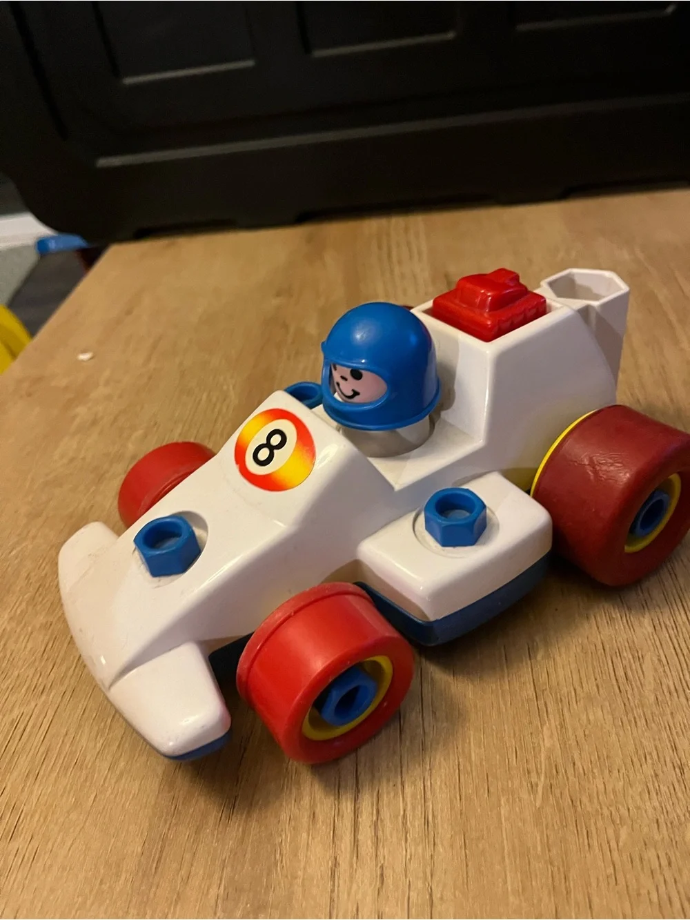 Fisher-Price White Race Car with Red Wheels and Blue Driver works great!